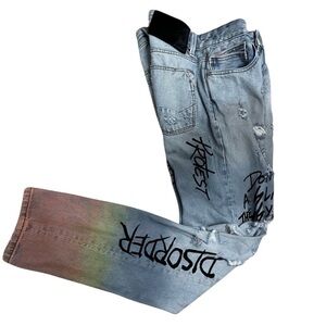 Cult Of Individuality Rocker Slim Distressed Graffiti Blue Jeans Size 30 x 33